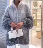 Zingj Autumn And Winter New Advanced Temperament Small Fragrant Wind Comfortable Sequin V Neck Sweater-Outfit