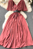 Women Pleated Party Long Dress Sexy V-Neck Short Sleeve High Waist A-Line Maxi Vestidos With Belt Vacation Beach Robe