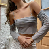 Zingj Spring 2023 Women's Fashion Sexy One-Line Collar Sling Perspective Mesh Long Sleeve