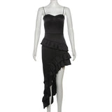 Black Asymmetrical Ruffled Midi Dress- Outfit