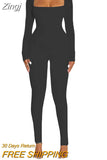 Women Yoga Jumpsuits Square Neck Long Sleeve Ribbed Jumpsuits High Waist Bodycon Sport Workout Long