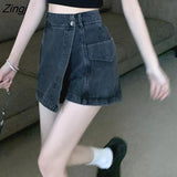 Mini Skirts Women Pocket BF Casual Irregular New Summer High Waist Fashion A-line Stylish Chic Street Student Korean