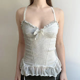 Zingj Desire Sexy Wind Wood Ear V Collar Sling Female Bow Chest Knit Mesh Splicing