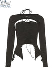 Women T-Shirt Korean Girl Y2k Summer 90s Gothic Black Fashion Vintage Sexy Camisole Two Piece Set Long Sleeve Top Funny T