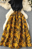 Autumn Women Red/Gold Floral Printed Patchwork Long Dress Vintage Stand Collar Sleeveless High Waist A-Line Vestidos
