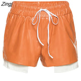 Women Short Pants Patchrowk Pu Leather Drawstring Streetwear Slim Pencil Clothes For Women