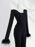 Zingj Thousand Years Royal Sister Wind Black Hot Jacket Early Spring U Collar Slim Thin Feathers Long Sleeve Bottom
