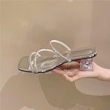 Women 2025 Summer New Transparent Thick Heel With Crystal And Cool Drag Korean Version Of The Diamond Wearing
