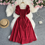 Zingj Vacation Wind French Retro Square Collar Waist Dress Female Summer Design Sense Bubble Short Sleeve Fairy
