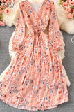 Autumn Women Floral Chiffon Midi Dress Vintage V-Neck Flare Long Sleeve High Waist A-Line Vestidos Female New