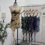 辣bab Net Yarn Print Small Sling Vest Tidly Tidly Ribbon Ribbon Leaves Edge Sleeveless Top