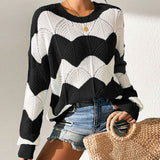 Yang Autumn New Fur Women's Loose Round Collar Hit The Striped Long-Sleeved Knitted Shirt