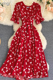 Women Polka Dot Midi Dress Vintage V-Neck Short Flare Sleeve Bandage A-Line Vestidos Female Casual Robe New