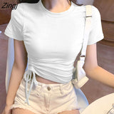 Sleeve T-shirts Fashion Casual Ulzzang Shirring Crop Tops Summer Sweet Elegant All-match Футболка Женский Chic New