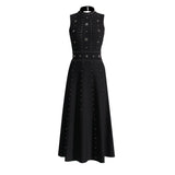 Temperament Famous Wind 2025 Spring New Fashion Nail Bead Decoration Round Collar High Waist Sleeveless Long