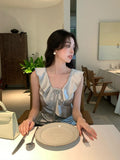 Xixi 13 Line Summer New Temperament V Tie With Small Shirt Sleeveless Leaves Side Top Woman