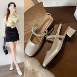 Bottom Low-Heeled Sandals Women 2025 Spring And Summer New French Fashion Water Drill With Shallow Mouth Square Single