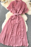 Women Irregular Pleated Party Long Dress Elegant Vacation Beach Draped Ruffle Vestidos Female Short Sleeve Maxi Robe