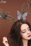 Gothic Antler Butterfly Headdress Deer Horn Tree Branches Headband Jewelry Vintage Wedding Cosplay Halloween