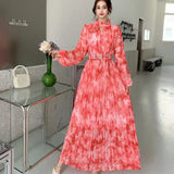 Light Luxury Temperament Dress Female High-End Feel Strapped Waist Three-Dimensional Flower Lantern Sleeve Print