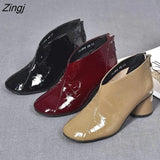 Women's Short Boots Casual Thick Heels Shoe High Heels Round Toe Rear Zipper Leather Boots All-match British Style Women's