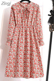 Women Shirt Dress Casual Spring Autumn Vintage Floral Print Bow Long Sleeve Elegant Office A-line Midi Dress