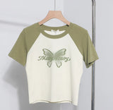 Retro Printed Short-Sleeved T-Shirt Women's Short-Coln High-Waisted Body Shirt