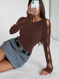Women's Casual Long-Sleeved Round-Neck Solid-Colored Hollow