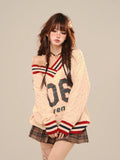 Brown V-neck Letter Print Oversize Sweater- Outfit