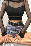 Chic Black Mesh Fishnet Top See Through Long Sleeve T Shirt Women Clothes 2023 Casual Cropped Women's T-shirts