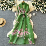 Dress Women's Fashion Collared Belt Long Pressured Folding Printing