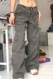 Retro Fashion Y2K Straight Cargo Pants Low Rise Jeans Streetwear Belt Pockets Denim Trousers Fairycore Female