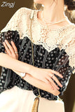 Lace Summer Print Blouse Loose Women Hollow Crochet Splice Sexy Shirt Lady Casual Short Sleeve O Neck Tops Female
