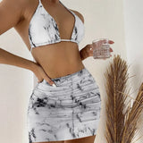 2022 New Marble Printed Mesh Three-Piece Short Skirt Swimsuit