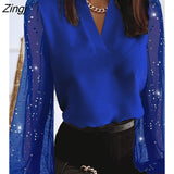 Elegant Office Lady Workwear Blouse V Neck Sheer Mesh Long Lantern Sleeve Womens Top Solid Casual T-Shirts Female