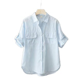 Short-Sleeved Solid-Colored Shirt Women 2025 Summer New Outer Shirt Design Sense Double Pocket Loose Thin Top