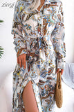 Flower Shirt Long Dress Women Lapel Button up Full Sleeve Dresses Female Fashion Casual Lace Up Maxi Dress Spring