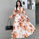 French Temperament Bow Mid-Long Retro Print Temperament Chiffon Dress