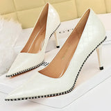 Shoes White Women Pumps Patent Leather Shoes High Heels Stiletto Luxury Party Shoes Metal Chain Rivets Heels Pumps