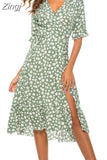 V Neck Split Floral Print Long Dress Women Summer Ruffles Half Sleeve Boho Casual Beach Dress Elegant Wrap Midi