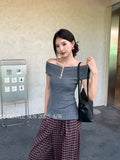 Xixi 2025 Autumn White Label New Word-Collar Wool Bottom Knitted Knitted Short-Sleeved T-Shirt For Women