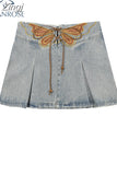 Women's Jean Pleated Skirt 2023 Summer Casual Vintage Korean Lace Up Denim A-Line Mini Skirt Harajuku Y2k Hight Waisted