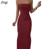 Women Casual Summer Spaghetti Strap Bodycon Dress Fashion Solid Color Sleeveless Backless Slim Fit Sling Long