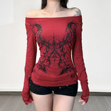 Personality Hottie Style Shoulder Dark Print T-Shirt Lace Side Long Sleeves To Dress Casual