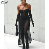 Mesh See Through Jumpsuits Asymmetrical Skirt Black 3 Piece Set With Gloves Slim High Waist Dress Suit Sexy
