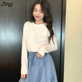 Sleeve T-shirts Classic Solid Korean Chic Autumn Spring Couples Tops All-match Trendy Side-slit Design Womens