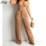 2PCS Women Sexy Zipper Back Cami Top Wide Legs Contrast Pipping Long Pants Set Elegant Workwear Casual Two Piece Suits