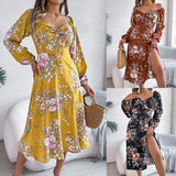 Spring And Summer Sexy Tie Knotted Flowers Long Sleeve Open Fork Dress