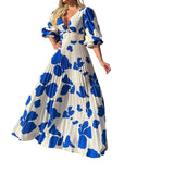 Spot 2025 Summer New Women's Fashion V-Collar Middle Sleeve Medium Long Print