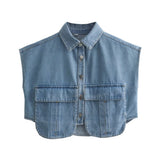 Women's Solid Color Big Pocket Sleeveless High Sense Cardigan Polo Collared Shirt Denim Top